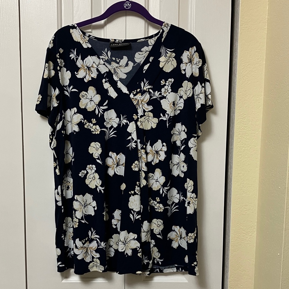 Lane Bryant Navy and Cream Floral V-Neck Blouse